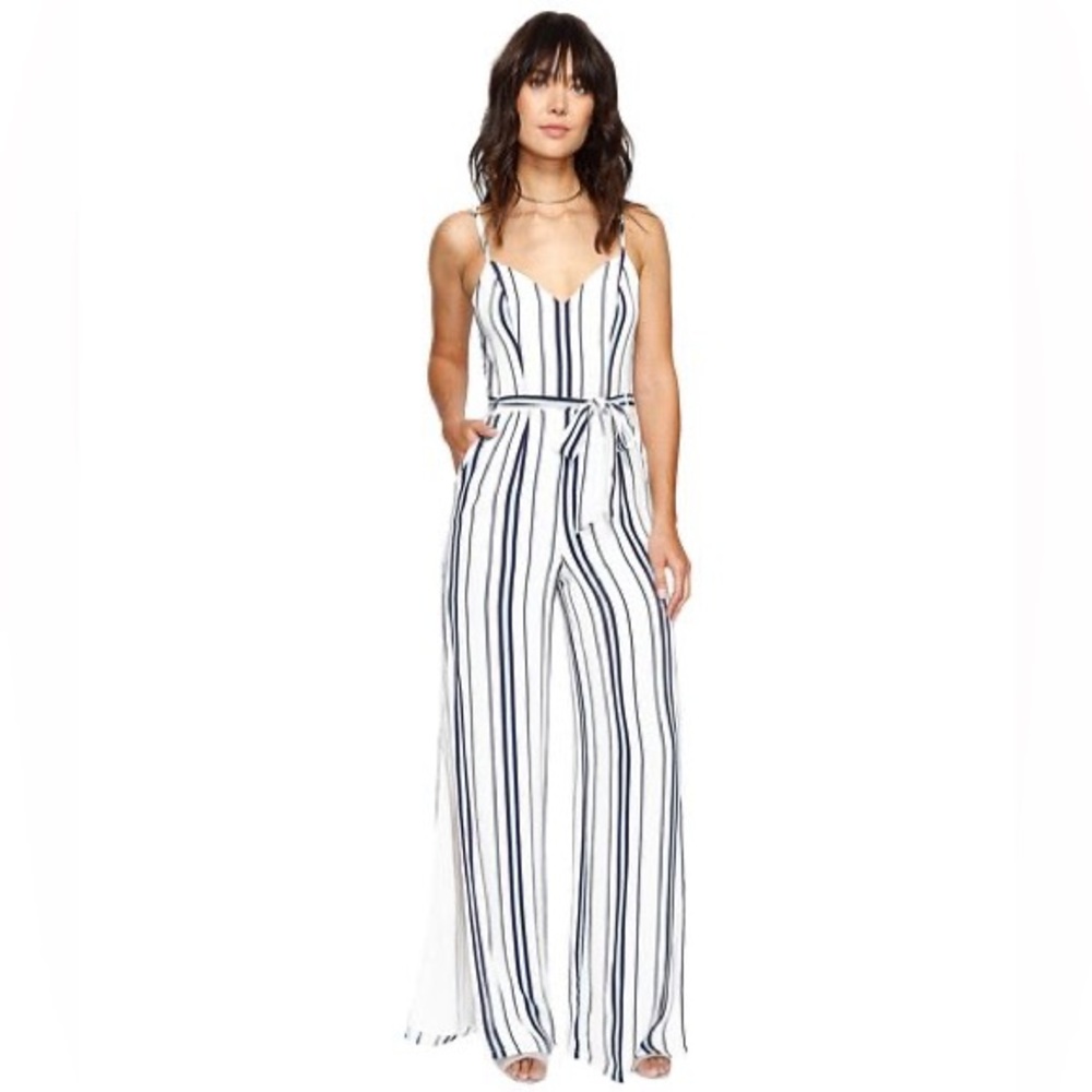 Lovers + Friends Charisma White & Navy Striped Wide-Leg Jumpsuit Size Medium